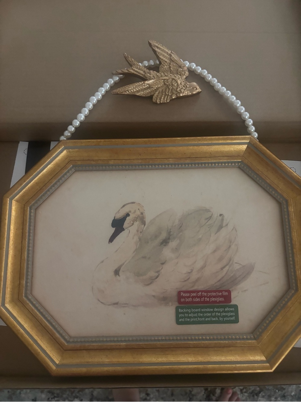 Gold Octagonal Framed Swan Art with Pearl Bead Hanger